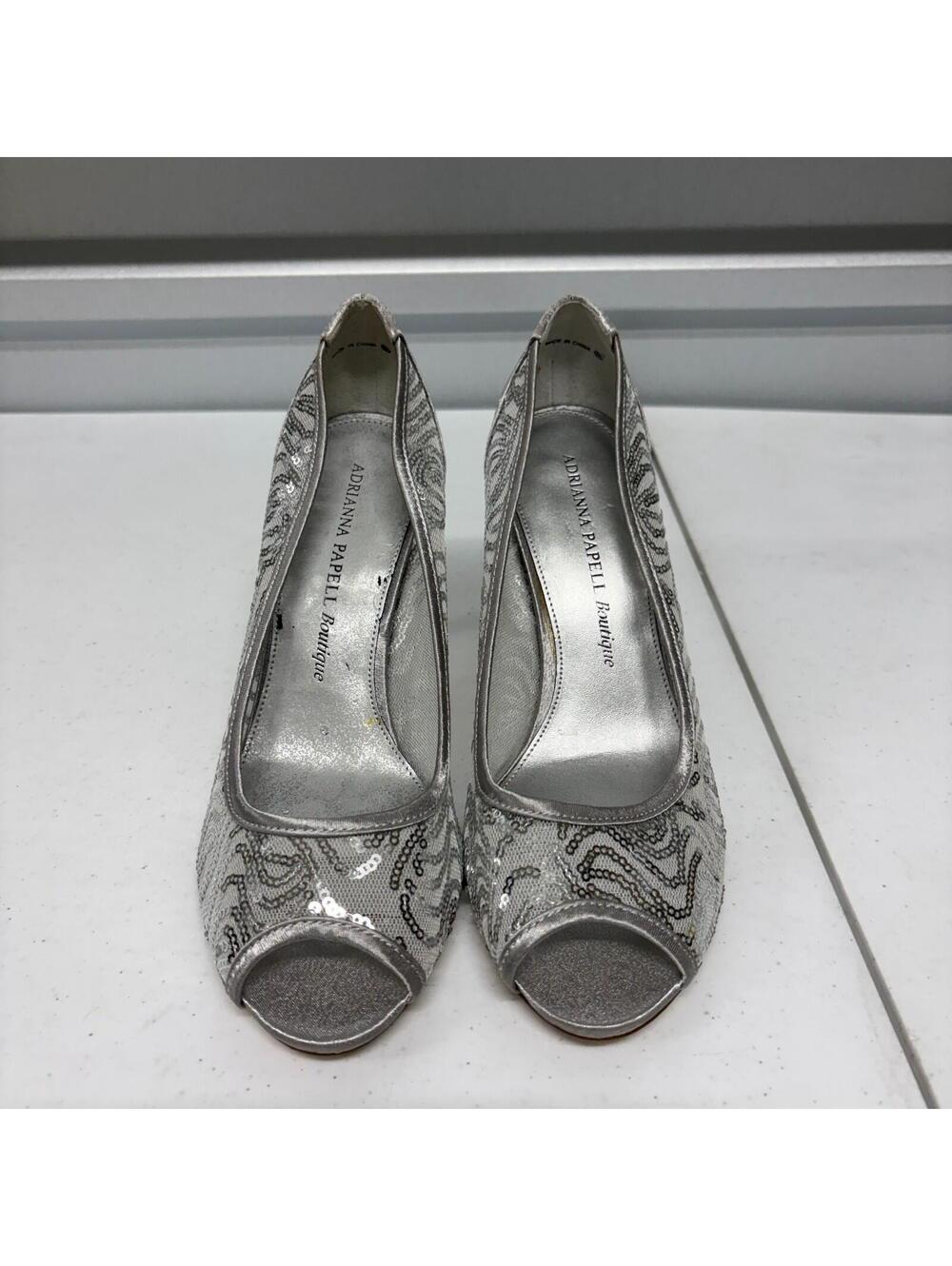 Adrianna Papell Boutique Peep Toe Heels Womens 8.5 Silver Sequin Formal